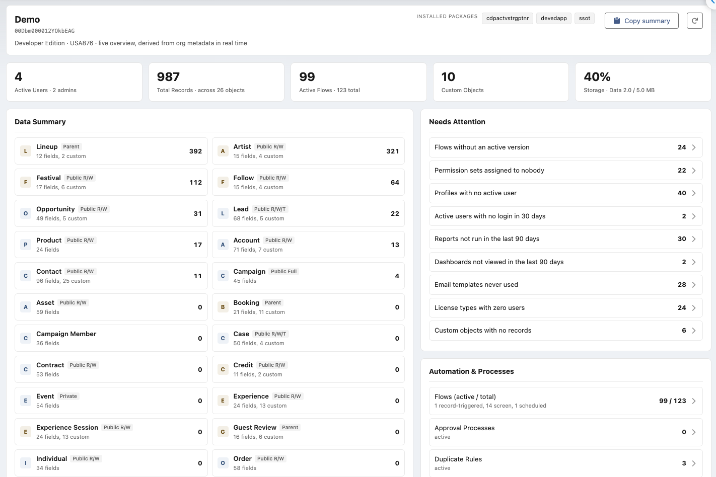 Org Overview 360: headline numbers, Data Summary with record counts per object, and the Needs Attention list
